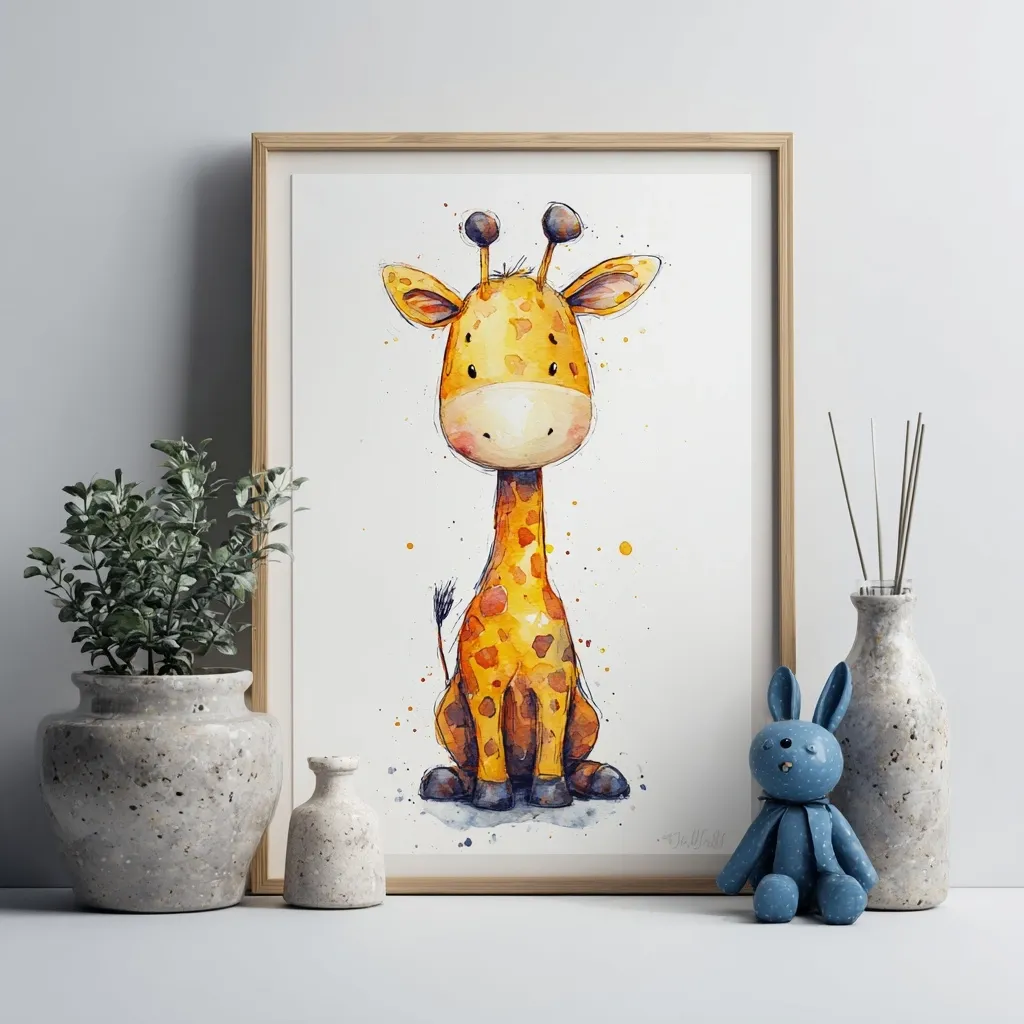 A charming watercolor painting of a cartoon giraffe takes center stage.  The giraffe, depicted in warm yellows and oranges, sits with a sweet expression.  The artwork is framed in light wood and displayed alongside a small plant in a stone pot and a blue bunny toy, creating a cozy and whimsical scene.  The overall style is gentle and childlike, perfect for a nursery or playroom.