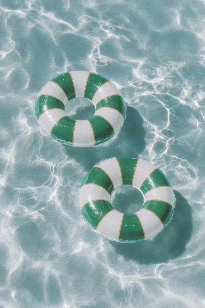 Two green and white striped inflatable inner tubes float in a calm, aqua-colored swimming pool. The water is clear, showing the bottom and the tubes' reflections.  Sunlight glints off the surface, creating a tranquil summer scene. The tubes are similar in size and design, positioned slightly apart in the still water.