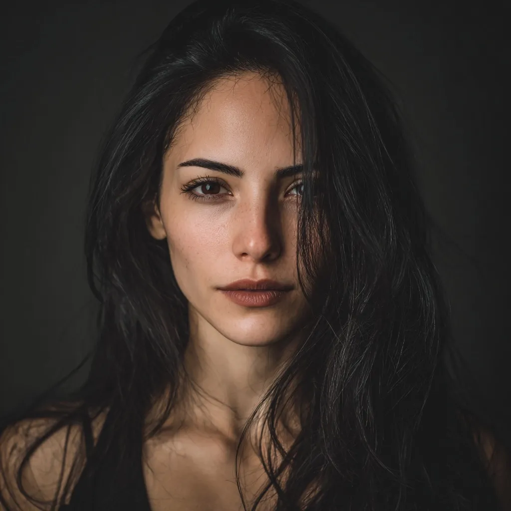Close-up portrait of a young woman with long, dark hair that partially obscures her face.  Her expression is serious and intense, her gaze directed slightly off-camera.  She has dark eyes and eyebrows, and her skin is softly lit, showcasing subtle freckles. The overall mood is moody and dramatic, with a dark background enhancing the focus on her features.