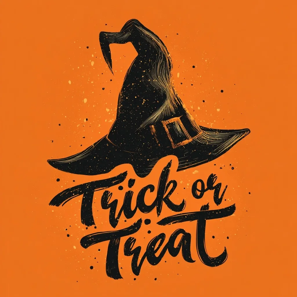 A Halloween-themed illustration features a witch's hat in black with a textured effect, positioned above the phrase "Trick or Treat" in stylized black lettering. The background is a vibrant orange, speckled with small, dark spots, adding a grunge aesthetic.  The overall style is hand-drawn and slightly rough, creating a playful, spooky vibe perfect for Halloween celebrations.