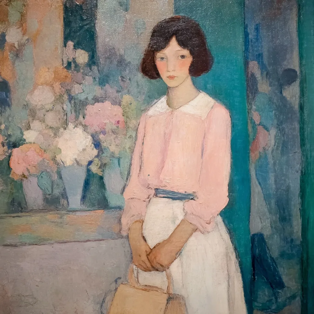 A young woman with a bob haircut stands before a flower shop. She wears a pale pink blouse and a white skirt, holding a light beige handbag. The background is a blurred impression of flowers in vases and a teal door, suggesting a Parisian setting. The painting style is impressionistic, with visible brushstrokes and soft color blending. The overall mood is serene and contemplative.