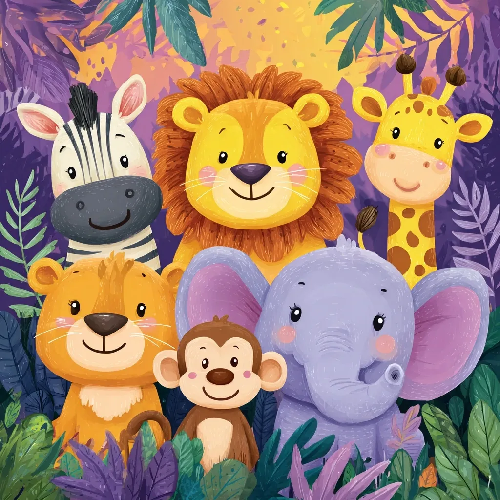 A charming illustration features a group of adorable cartoon safari animals nestled amidst lush purple foliage.  A lion, zebra, giraffe, elephant, lion cub, and monkey are depicted with large, expressive eyes and friendly smiles.  The vibrant colors and cute designs create a playful and heartwarming scene, perfect for children's books or educational materials.