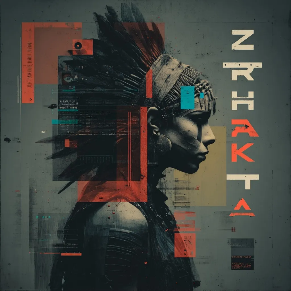 A stylized portrait of a woman in profile, adorned with a headdress reminiscent of Native American attire, is overlaid with geometric shapes and digital glitches.  The color palette is muted with accents of burnt orange and teal.  A vertical, stylized word, "NRKAKT," is prominently displayed, adding a layer of abstract textural design. The overall effect is a blend of traditional and futuristic aesthetics.