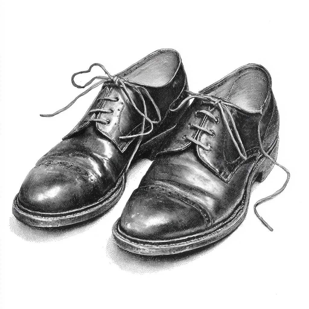 A detailed black and white illustration depicts a pair of well-worn leather Oxford shoes.  The shoes are meticulously rendered, showcasing the texture of the leather and the stitching.  The laces are loosely tied, and the shoes appear slightly scuffed, suggesting use and age. The style is realistic, with a focus on minute detail.
