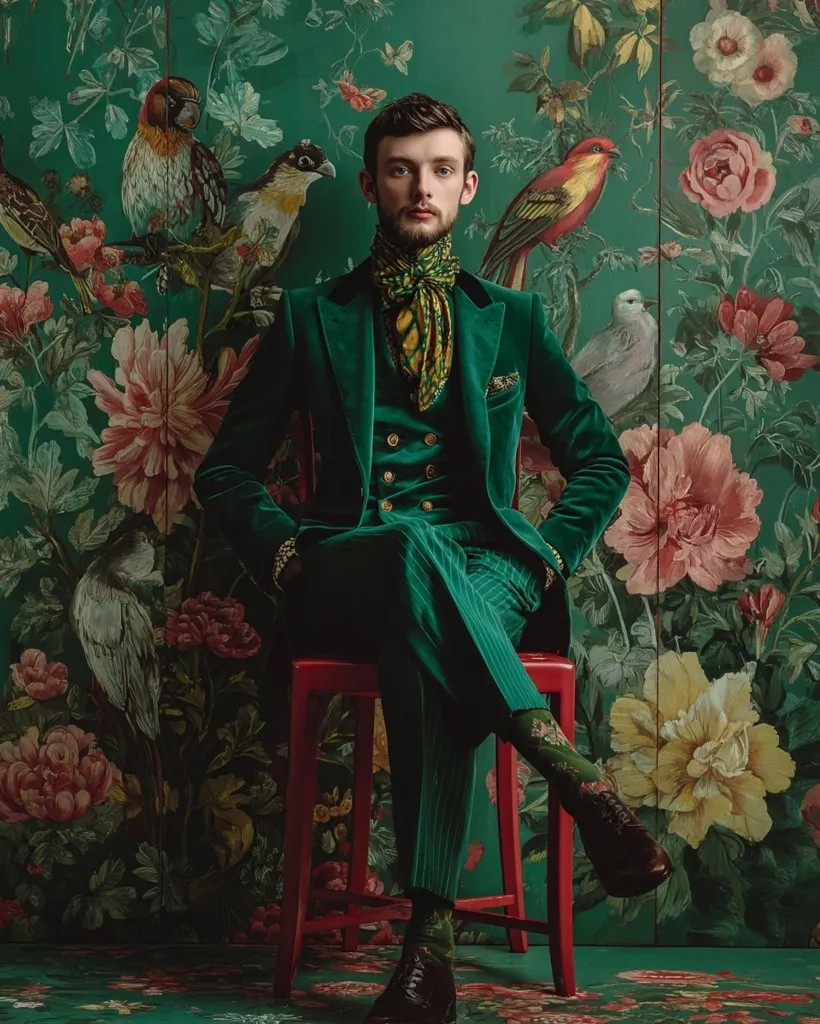 A young man in a striking emerald green velvet suit sits on a red stool against a vibrant floral backdrop.  His outfit includes a patterned silk cravat and pinstriped trousers, complemented by patterned socks and dark shoes. The rich colors of the suit contrast beautifully with the lush greens, reds, and yellows of the painted screen behind him, creating a visually stunning portrait.  Various birds are depicted within the floral artwork.