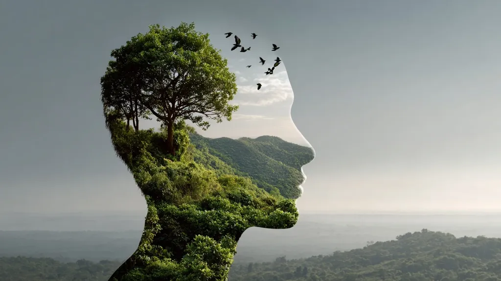 A profile of a human head is superimposed with a lush landscape, including a large tree and rolling hills. Birds fly above, creating a serene and interconnected image.  The visual represents a connection between humanity and nature, emphasizing environmental consciousness and the importance of preserving the natural world.  The overall effect is peaceful and thought-provoking.