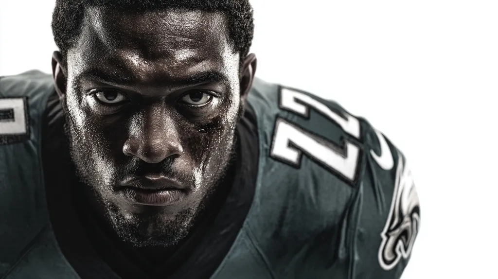 A close-up, black and white portrait of a determined-looking American football player.  He's wearing a Philadelphia Eagles jersey, his face is intensely focused, and sweat glistens on his skin. The image is sharply focused on his face, creating a powerful and intense visual.  The number 22 is visible on his shoulder.
