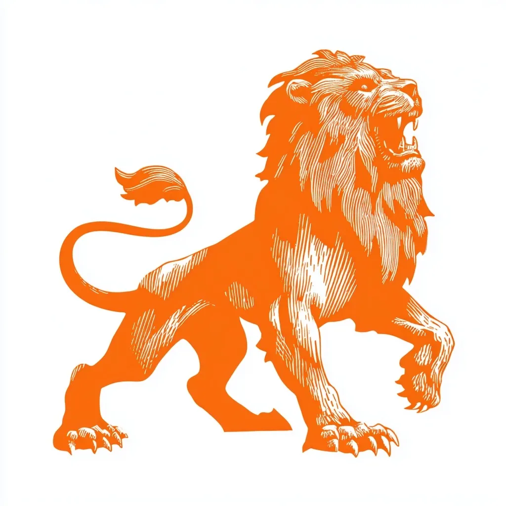 A vibrant orange lion, rendered in a woodcut style, dominates the image.  Its mane is full and detailed, its mouth open in a roar. The lion stands powerfully, its musculature suggested by etched lines.  The style is bold and graphic, suggesting strength and regal bearing. The background is pure white, allowing the lion to command full attention.