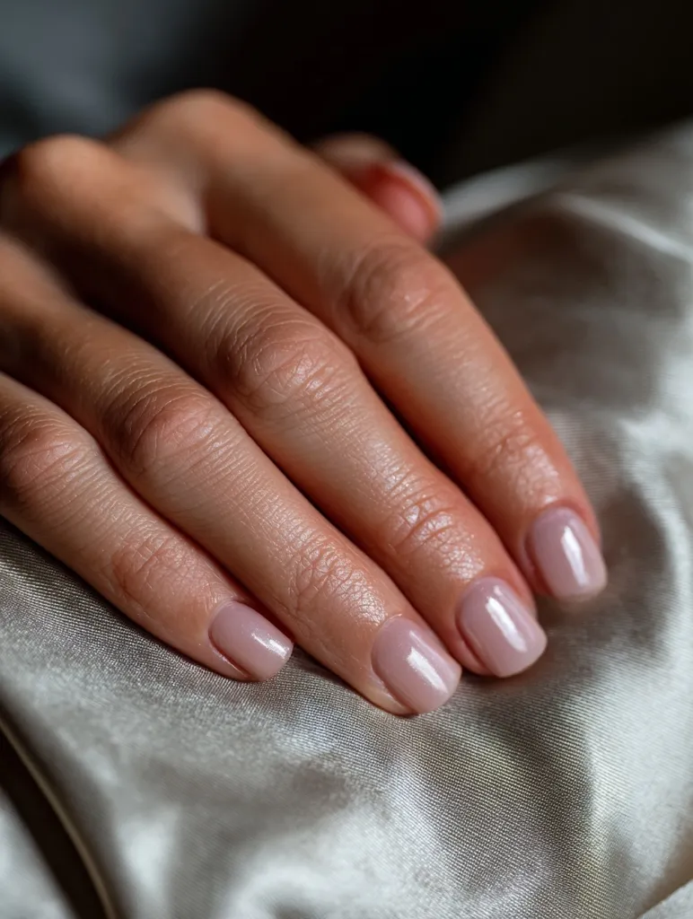 A close-up shot reveals a woman's hand gently resting on a smooth, light beige fabric.  Her nails are neatly manicured with a soft, nude-colored polish, complementing the subtle texture of the material. The image emphasizes the delicate nature of the hand and the understated elegance of the nail color.  The lighting is soft and natural, enhancing the overall serene atmosphere.