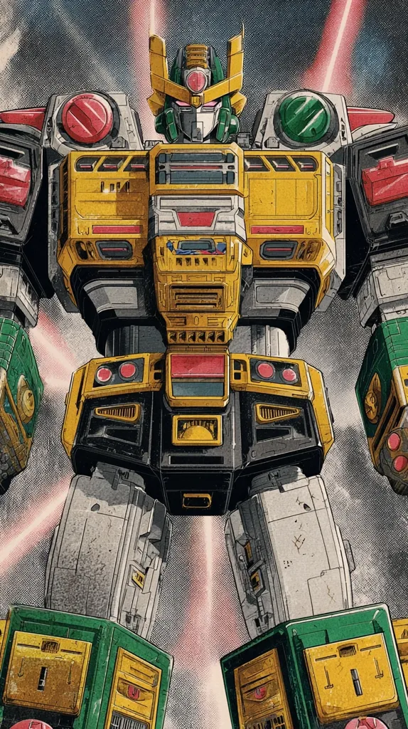 A detailed illustration showcases Megazord, a towering robot from the Power Rangers franchise. Its design blends yellow, black, green, and gray components, with intricate detailing on its body and legs.  Red beams emanate from beneath it, adding a dynamic effect to the image.  The style is reminiscent of vintage comic book art. The Megazord's head is prominently displayed, and its overall form is imposing and powerful.