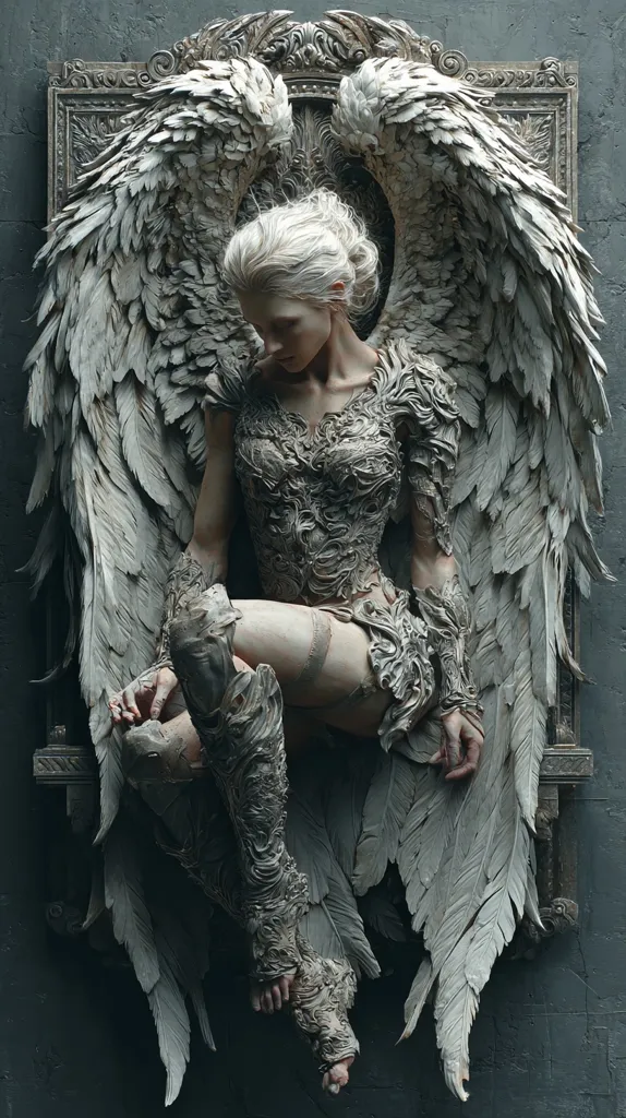 A digital artwork depicts a fair-skinned, blonde woman with large, intricately detailed grey wings.  She is adorned in ornate, stone-like armor, and sits within an ornate frame, her pose suggesting sorrow or contemplation. The overall aesthetic is dark, gothic, and evocative of angelic or mythological themes.  The level of detail is high, giving the image a three-dimensional, sculptural feel.