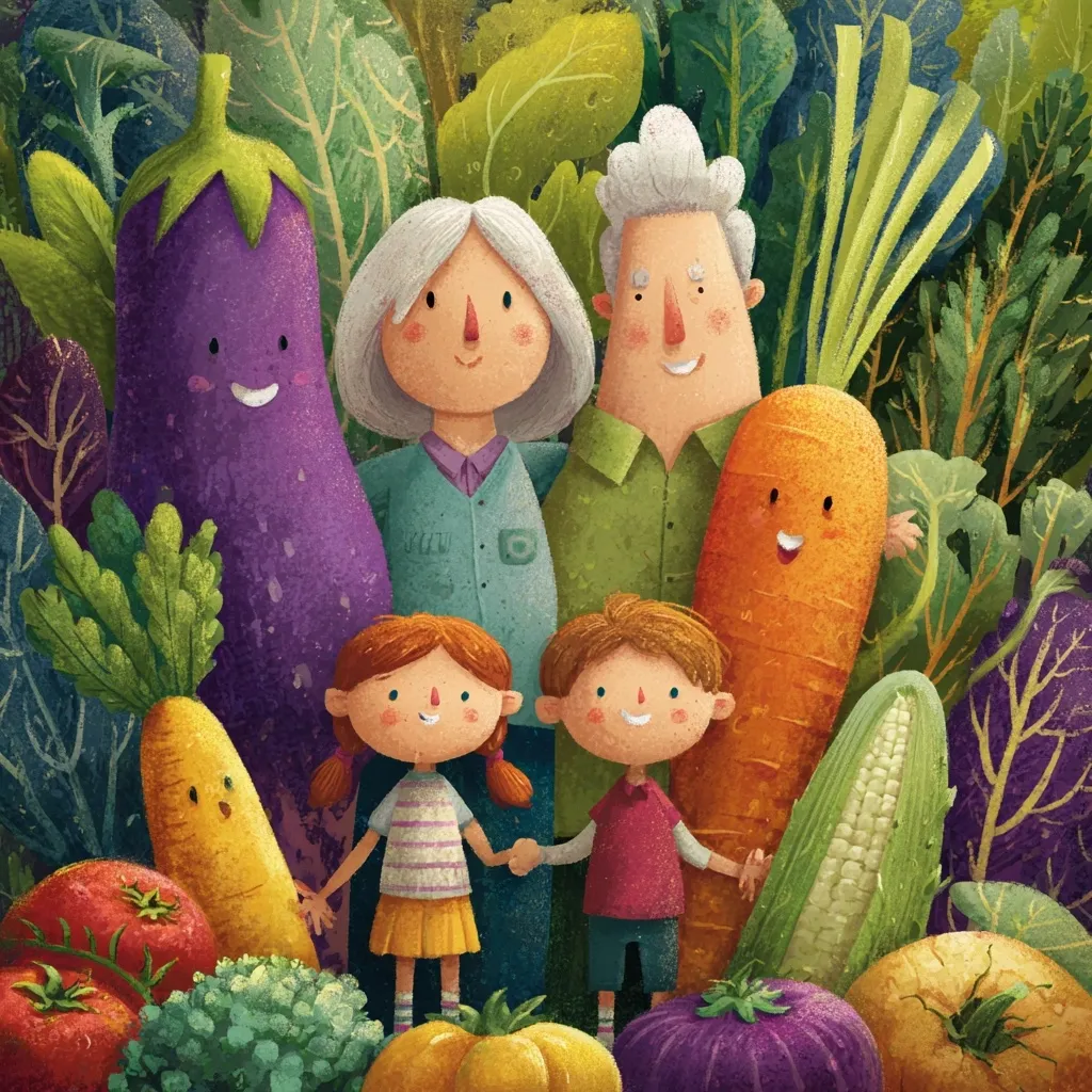 A cheerful illustration depicts a family surrounded by oversized, anthropomorphic vegetables.  Grandparents stand proudly beside two smiling children, all nestled amongst carrots, eggplants, corn, and other produce.  The vegetables have happy faces, adding to the whimsical, garden-themed scene. The style is vibrant and playful, suggesting a theme of family, nature, and healthy eating.