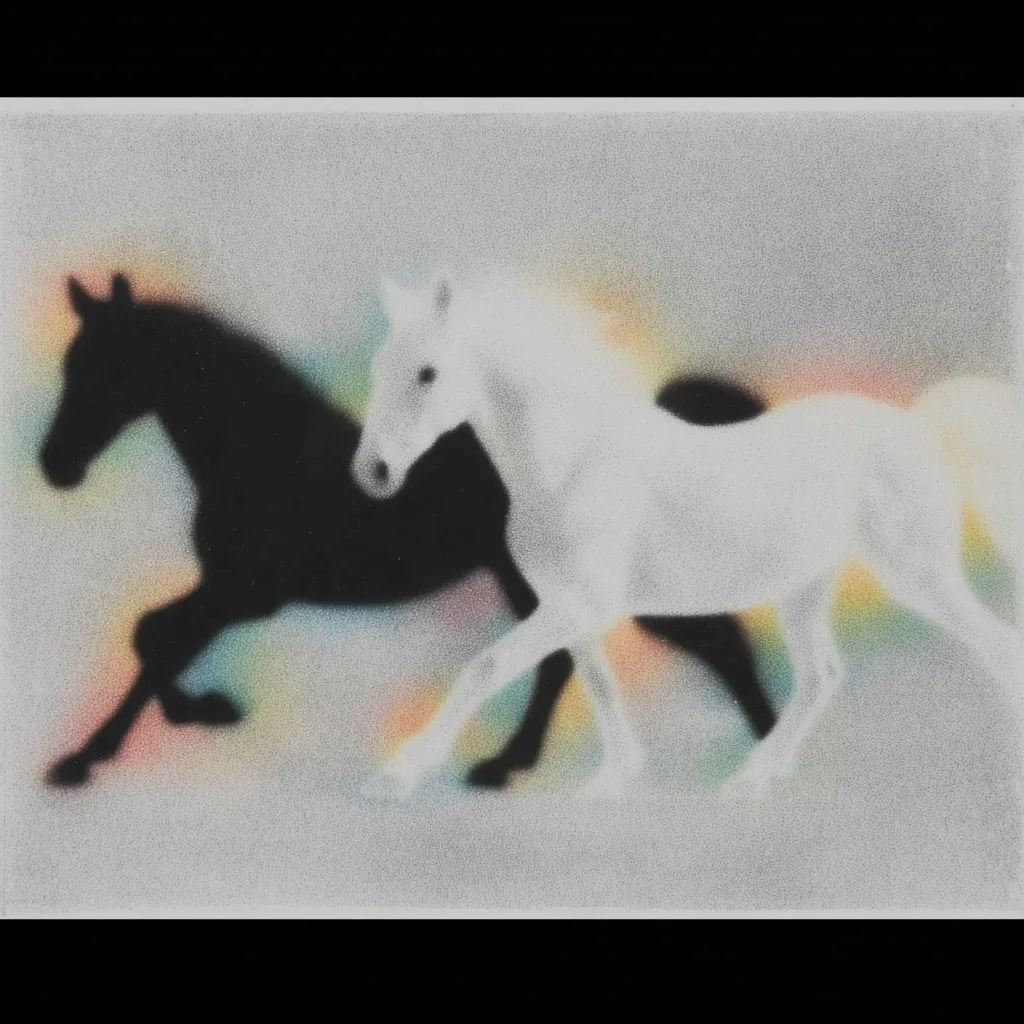 A stylized depiction of two horses in motion, one black and one white, overlaid upon each other.  The image is rendered in a grainy, textured style with a subtle rainbow effect around the horses' forms, creating a blurred, ethereal quality.  The background is a light gray, contributing to the dreamlike atmosphere.  The horses appear to be running, their forms slightly translucent and overlapping.