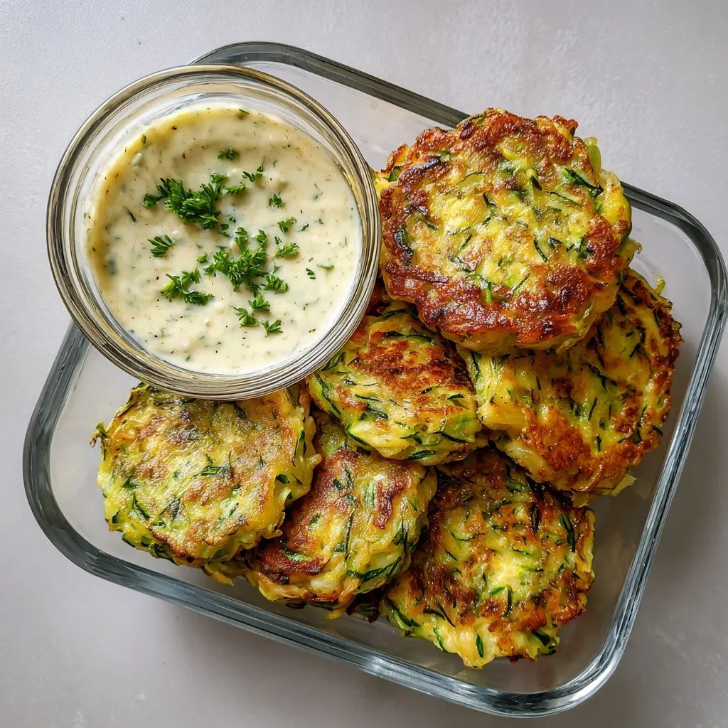 A glass container holds a stack of golden-brown zucchini fritters.  The fritters are crispy on the outside and appear soft inside, showcasing visible zucchini strands.  Beside them, a small bowl contains a creamy, pale-green dipping sauce, garnished with fresh herbs. The overall presentation suggests a delicious and healthy meal.
