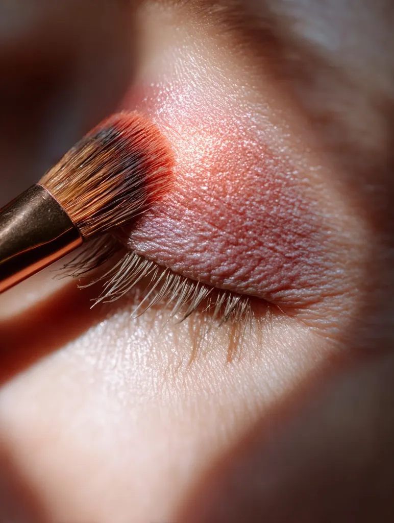 Close-up view of an eye with a makeup brush applying eyeshadow.  The brush is softly blending a peachy-toned eyeshadow onto the eyelid. The focus is sharp on the brush and the delicate skin of the eyelid, highlighting the fine details of the lashes and skin texture.  The overall lighting is soft and warm.