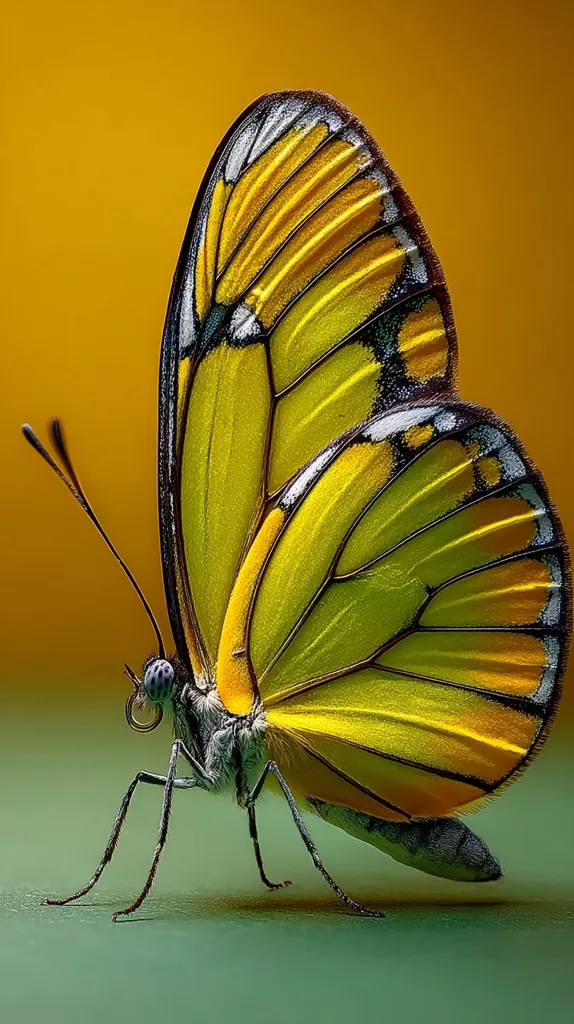 A vibrant yellow butterfly, with intricate black and white markings on its wings, is captured in striking detail.  Its delicate legs and antennae are clearly visible against a blurred, mustard-yellow background. The image showcases the butterfly's intricate wing patterns and textures, highlighting the beauty of its natural design. The contrast between the butterfly and the background creates a visually captivating effect.