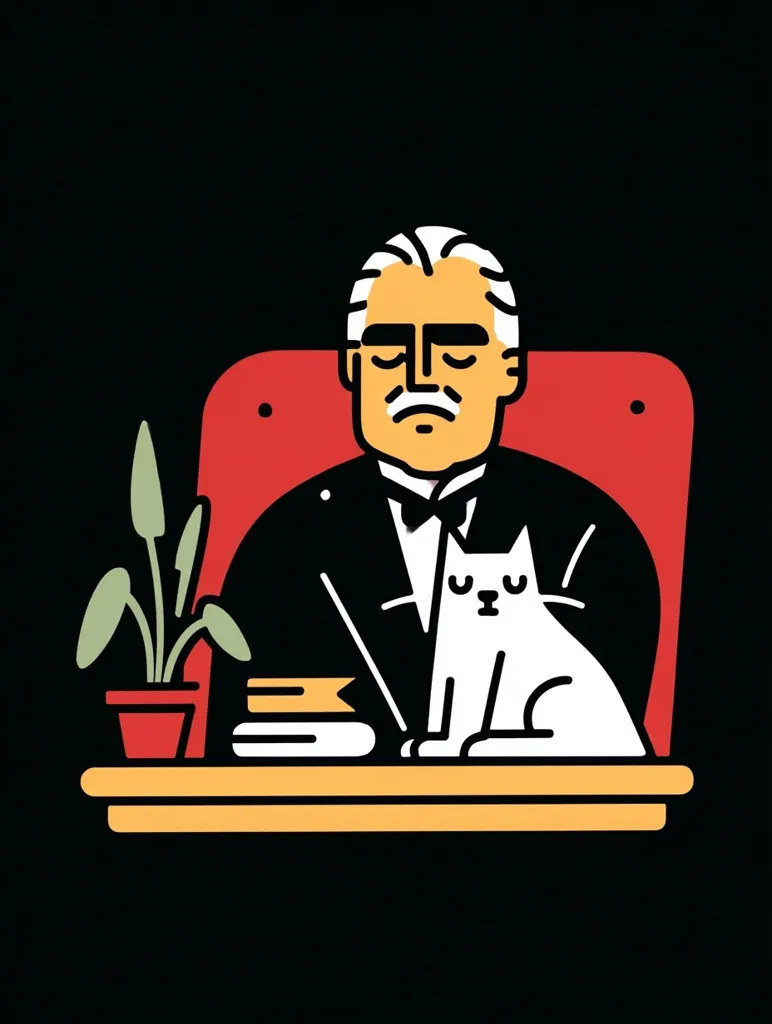 A stylized illustration depicts a man resembling Marlon Brando, seated in a red chair behind a desk.  He has a calm expression and a mustache. A white cat sits beside him, and a potted plant and books are on the desk. The image is minimalist with bold black outlines and flat colors against a black background.  The overall style is reminiscent of a pop art graphic.