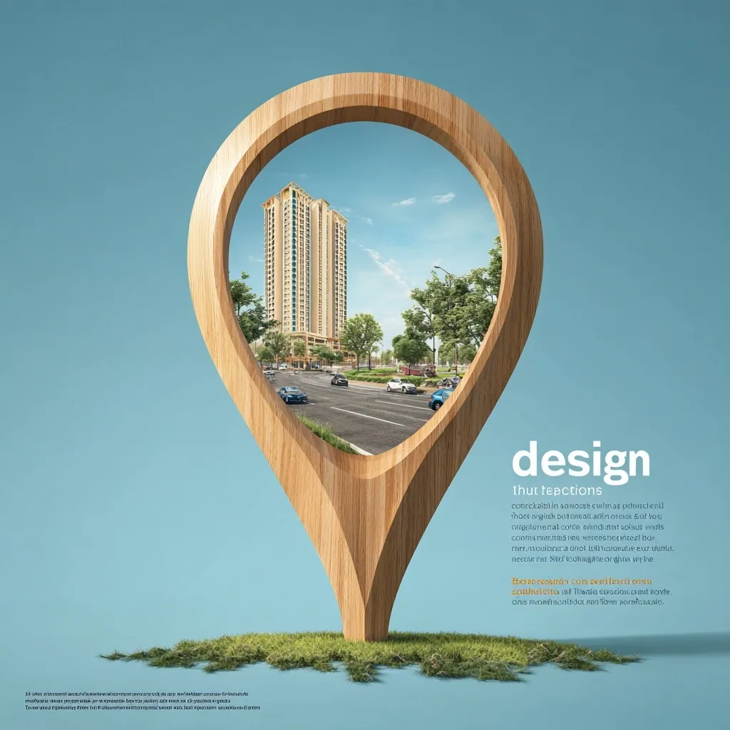 A wooden, map-pin shaped frame showcases a modern high-rise building situated on a tree-lined street.  The image suggests a real estate development, emphasizing design and location.  Text overlays promote "design" and "thut teactions," possibly referencing architectural style or innovative features.  The overall aesthetic is clean and sophisticated, highlighting the building's integration into its surroundings.