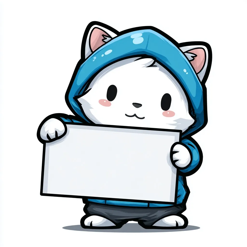 A cute cartoon white cat wearing a blue hoodie holds a large blank white sign.  The cat has large, expressive eyes and a cheerful expression.  The image is simple and clean, with the focus on the adorable cat and the blank sign, perfect for adding text or a message. The cat's paws are visible below the hoodie.