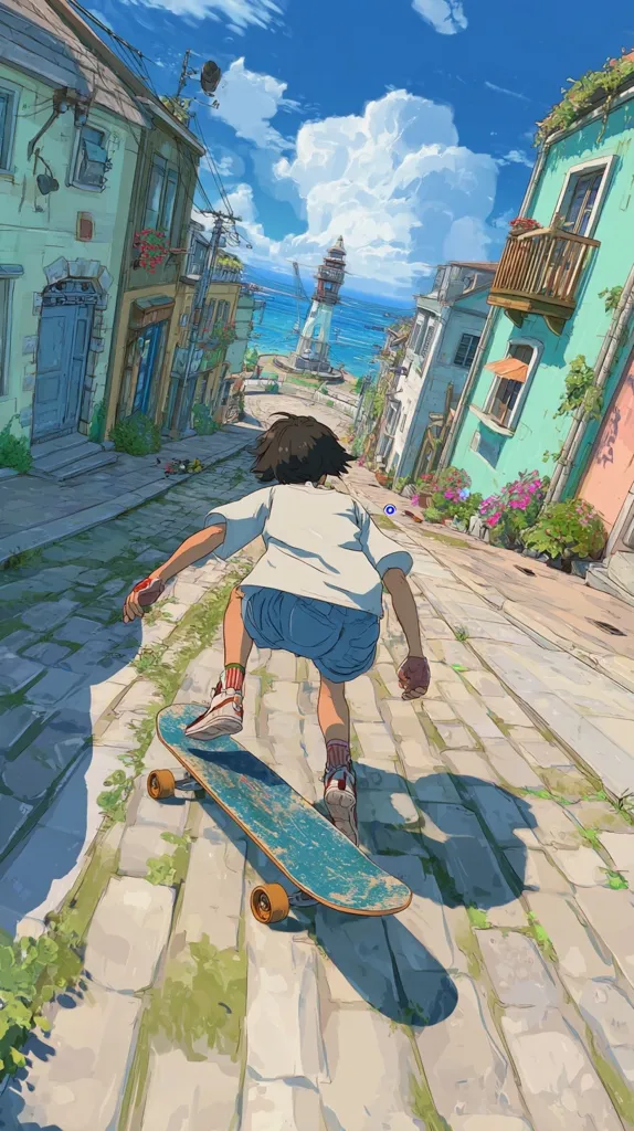 A young person skateboards down a sun-drenched, cobblestone street towards a seaside lighthouse.  Colorful buildings line the street, their pastel hues contrasting with the bright blue sky and ocean.  The scene is rendered in an anime style, with vibrant colors and a slightly nostalgic feel. The skateboarder's back is to the viewer, creating a sense of movement and journey.