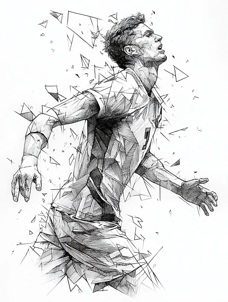 A dynamic pen-and-ink drawing depicts a soccer player in motion, rendered in a fragmented, geometric style.  The figure is captured mid-stride, head tilted back, suggesting exertion and triumph.  Sharp lines and cross-hatching create texture and depth, while surrounding geometric shapes add a sense of energy and movement. The overall effect is a powerful and expressive portrayal of athleticism.