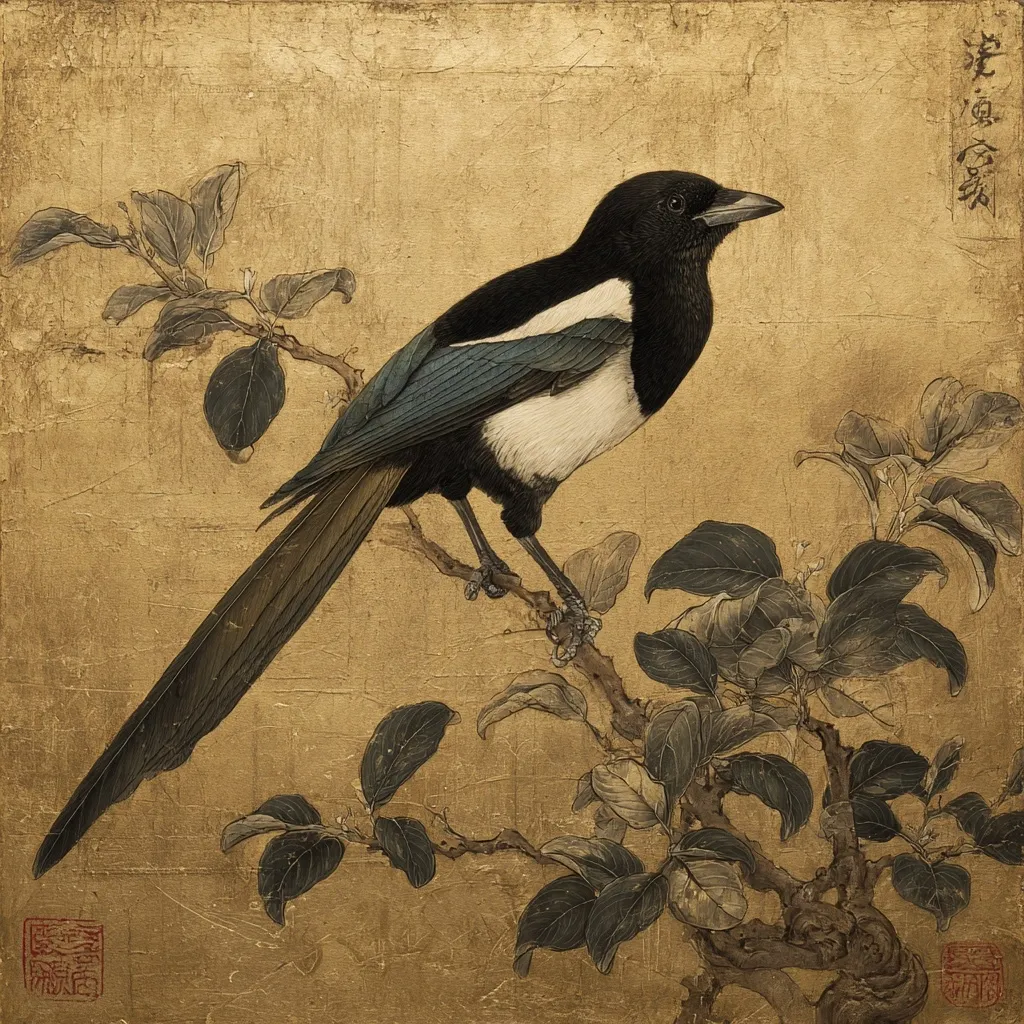 A meticulously detailed painting showcases a magpie perched on a blossoming branch against a gold leaf background. The bird's plumage is rendered with remarkable realism, its black and white feathers sharply defined.  The branch, depicted with delicate strokes, features leaves and hints of blossoms.  The overall style suggests a blend of traditional Asian art techniques with a contemporary approach to realism.  The gold background adds a sense of richness and elegance.