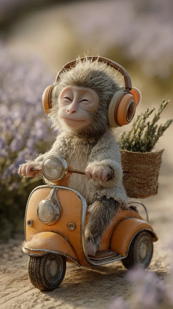 A cute, furry monkey wearing headphones sits on a vintage orange scooter.  The monkey, dressed in a light-colored sweater, holds the handlebars with a serene expression. A small basket of greenery sits behind it. The scene is idyllic, bathed in warm sunlight with a soft-focus background of purple flowers. The overall impression is one of peaceful contentment.