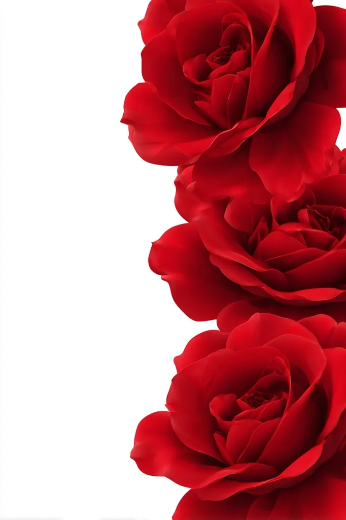 A vertical border of three vibrant red roses is set against a stark white background.  The roses are meticulously detailed, showcasing their velvety petals and rich color. The arrangement creates a romantic and elegant frame, perfect for a card or invitation.  The image is clean and sharply focused.