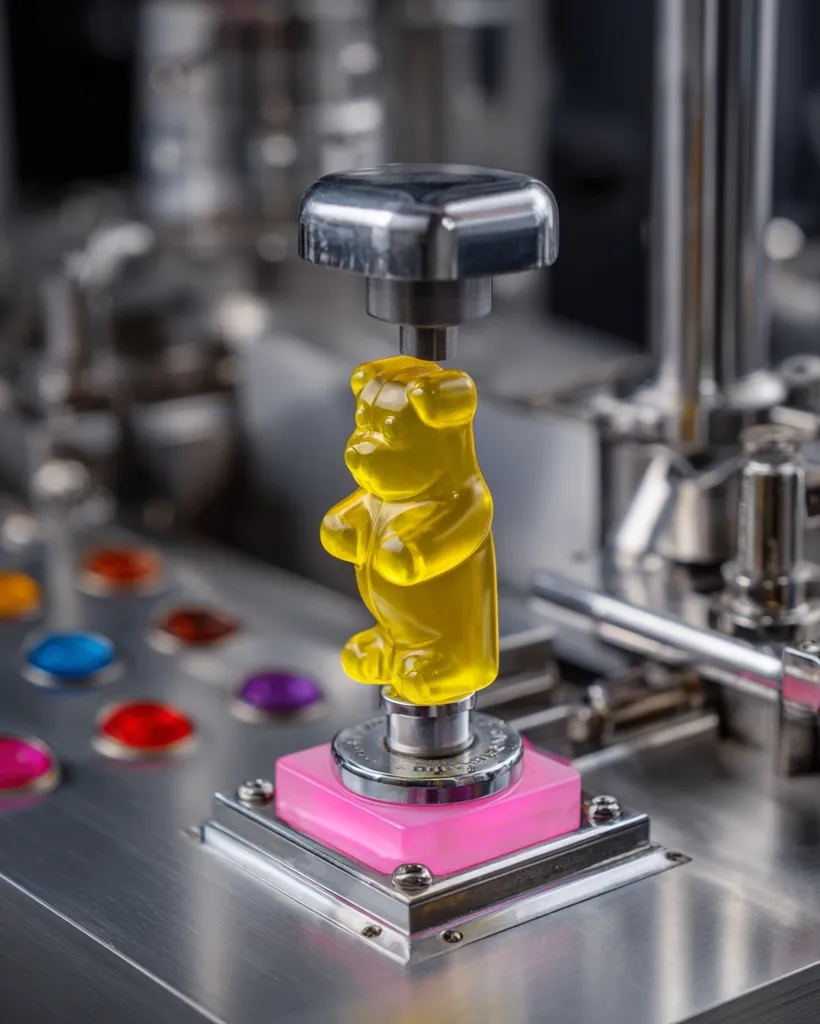 A close-up shot reveals a yellow gummy bear perched atop a metallic, industrial-looking device.  The bear sits on a pink square base, which is part of a larger, silver machine with various buttons and controls visible in the background. The scene suggests a quirky, possibly automated, process involving the gummy bear. The overall aesthetic is a blend of industrial machinery and playful confectionery.