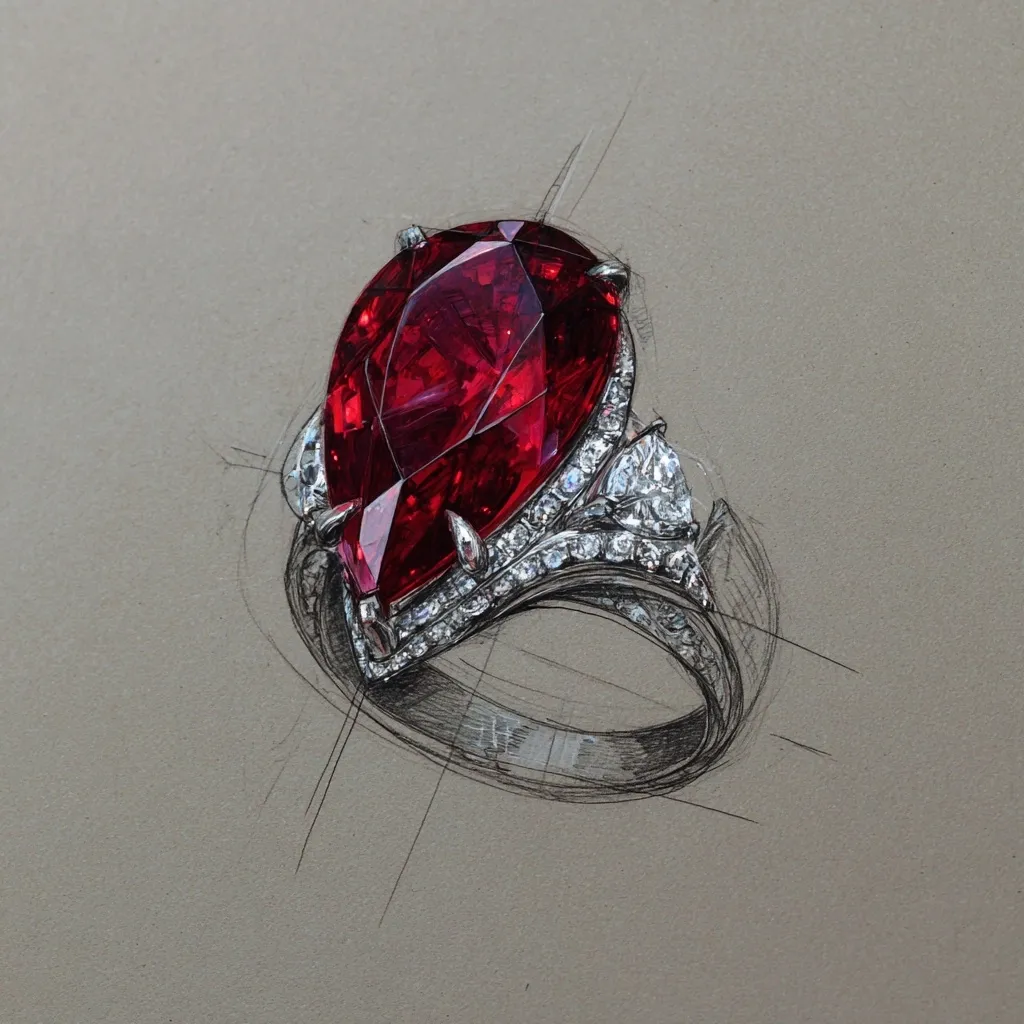 A detailed pencil sketch showcases a luxurious ring design.  The ring features a large, pear-shaped ruby as its centerpiece, surrounded by a meticulously rendered setting of smaller, brilliant-cut diamonds.  The artist's skillful shading and linework create a sense of depth and realism, highlighting the gemstone's rich color and the ring's intricate details.  Light construction lines are visible, suggesting the design process.