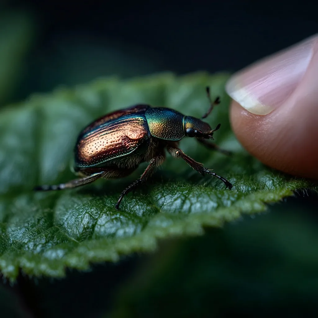 A vibrant, iridescent beetle with bronze and green hues crawls across a deep green leaf.  Its textured elytra shimmer subtly. A fingertip gently approaches the insect from the right, creating a sense of close observation and delicate interaction within the natural world. The background is blurred, focusing attention on the beetle and the impending touch.