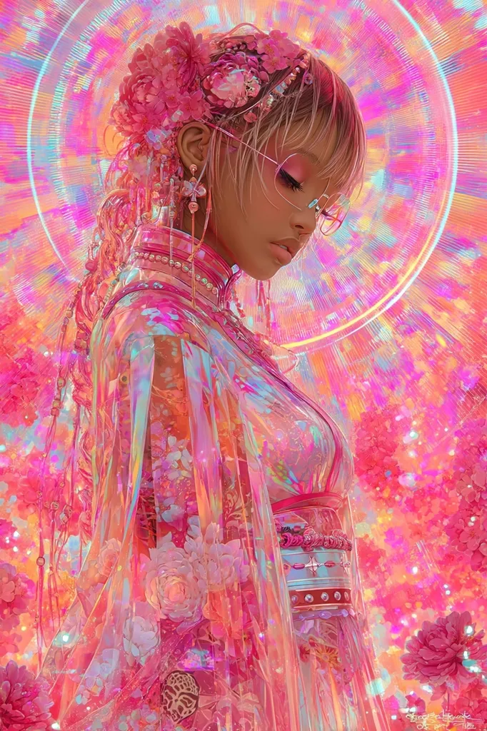 A digital painting of a young woman in a shimmering, pink, translucent kimono.  She wears glasses and her hair is styled with pink flowers.  The background is a vibrant, radiant pink and orange, creating a dreamy, ethereal atmosphere.  The overall style is anime-inspired, with a focus on vibrant color and soft, glowing light.