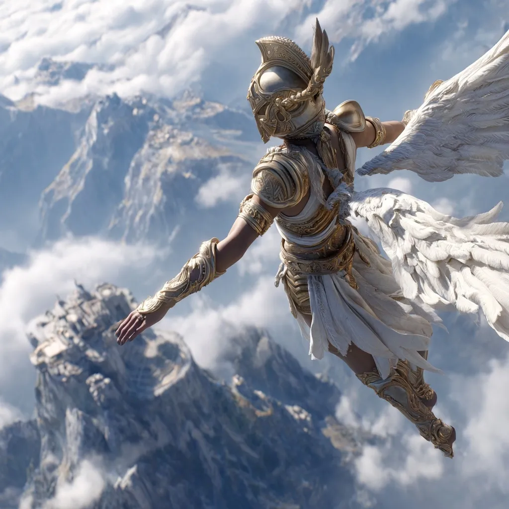 A winged warrior, clad in golden armor and flowing white robes, soars through the clouds.  Below, a majestic mountain range stretches into the distance, with a castle-like structure perched atop one peak. The scene is dramatic and ethereal, suggesting a powerful, possibly divine, being in flight.  The clouds obscure parts of the landscape, adding to the mystical atmosphere.