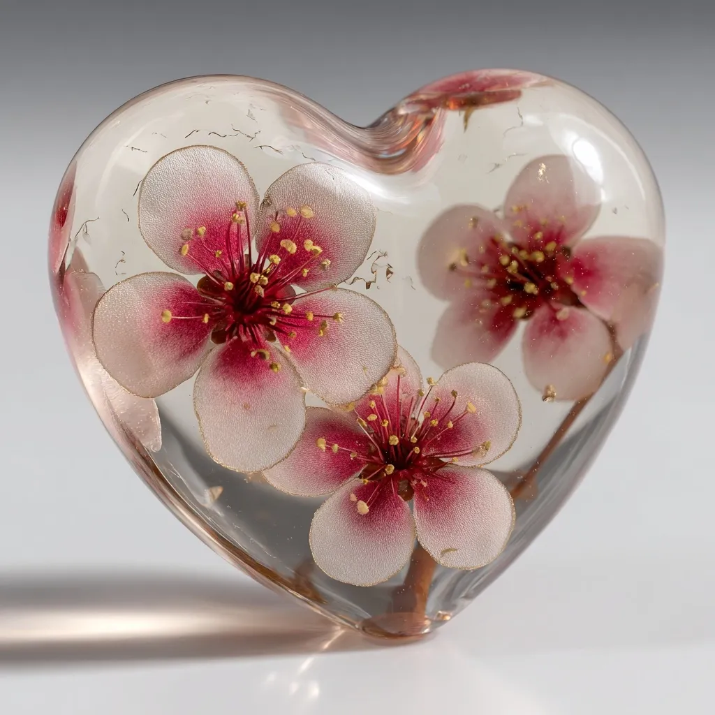 A heart-shaped resin paperweight encloses delicate, pressed flowers.  Three prominent blossoms, pale pink with deeper red centers and golden stamens, are visible within the clear resin.  The resin shows minor imperfections, adding to its handcrafted charm.  The piece casts a soft shadow on a light-colored surface.