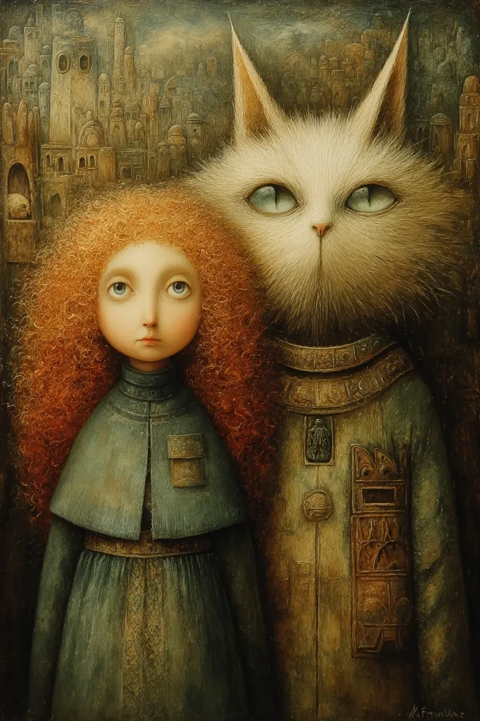 A painting shows a girl with fiery red curls and a large white cat.  The girl wears a teal cloak and dress. The cat is anthropomorphic, wearing a richly ornamented, brownish-grey coat. They stand before a background depicting a stylized, ancient city in muted earth tones. The overall style is surreal and dreamlike, with a focus on texture and muted colors.