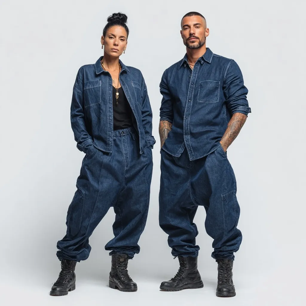 A stylish man and woman model denim clothing against a light gray background.  Both wear dark wash denim; the woman in a jacket and harem-style pants, the man in a shirt and matching pants.  Both sport combat boots.  The woman wears layered necklaces.  The image projects a contemporary, fashion-forward aesthetic.