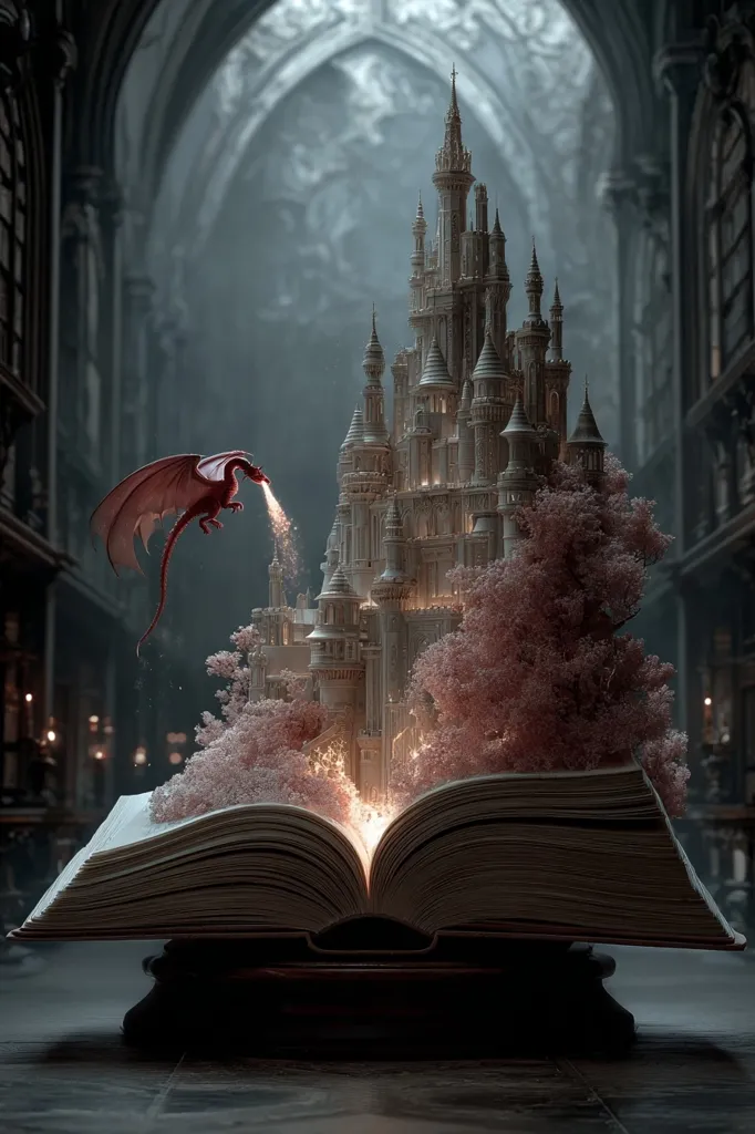 A majestic fairytale castle emerges from the pages of an open book, bathed in a warm, ethereal glow.  A red dragon breathes fire, adding to the magical ambiance.  Pink blossoms surround the castle, nestled within the book's pages in a dimly lit, gothic-style hall. The scene is a breathtaking blend of fantasy and reality, capturing the wonder of stories brought to life.