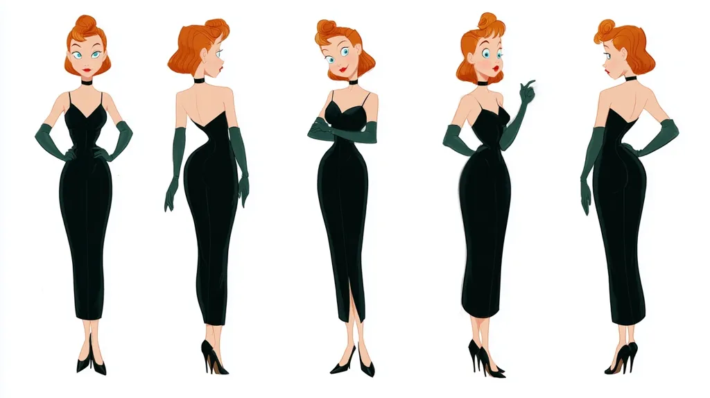 Five illustrations depict a stylish redhead woman in a form-fitting black dress and long green gloves.  Each view showcases a different pose: front, back, three-quarter, and two additional perspectives, highlighting her elegant figure and the dress's design. The style is reminiscent of classic animation or pin-up art.