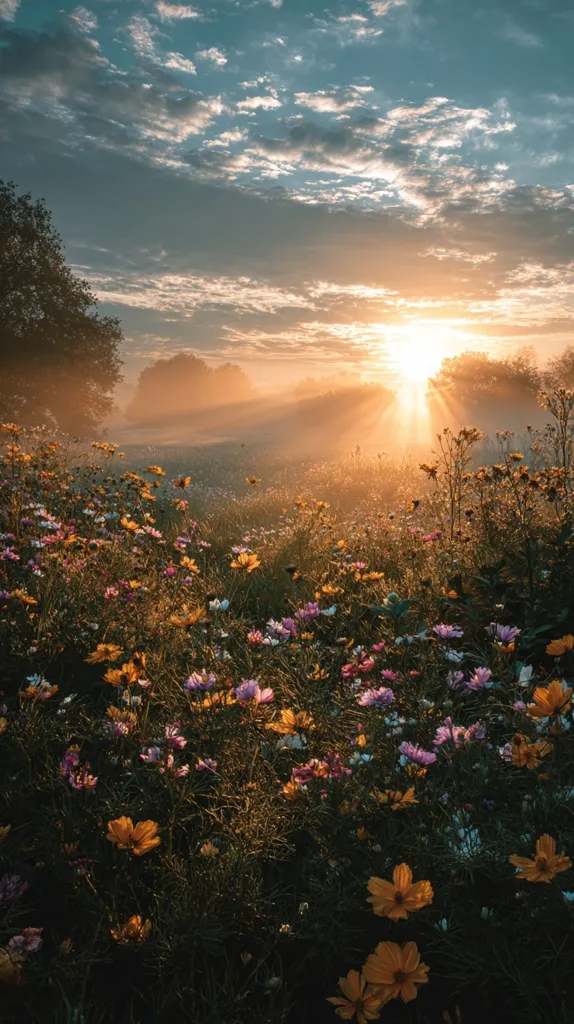 A breathtaking sunrise bathes a field of wildflowers in golden light.  Vibrant cosmos in shades of pink, purple, and orange carpet the landscape.  Silhouetted trees line the edge of the field, adding depth to the scene.  A gentle mist hangs in the air, creating a serene and magical atmosphere. The sun's rays pierce through the clouds, illuminating the flowers and casting a warm glow across the scene.