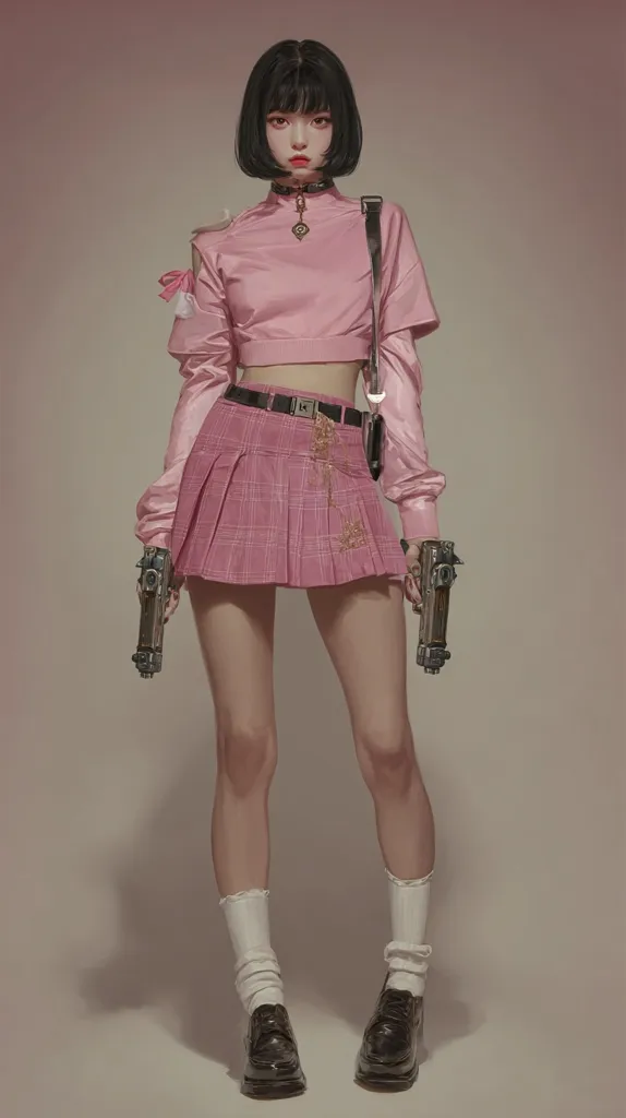 A young woman with short black hair is depicted in a digital painting. She's wearing a pink crop top and pleated skirt, accessorized with a black belt and a shoulder bag.  White socks and black shoes complete her outfit.  She holds a gun in each hand, presenting a striking contrast between her cute attire and potentially dangerous weaponry. The overall aesthetic is a blend of sweet and edgy.