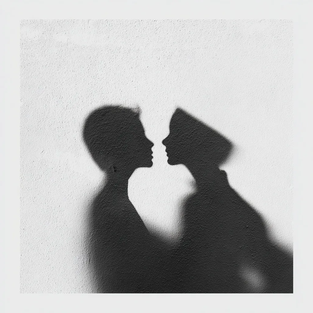 The monochromatic image showcases two distinct shadows cast against a textured white wall.  The silhouettes, seemingly of two individuals, are positioned facing each other, their profiles creating a heart-like shape between them.  The shadows suggest an intimate moment, possibly a tender embrace or kiss, captured in a minimalist and artistic style. The rough texture of the wall adds depth and contrast to the smooth, dark forms of the shadows.