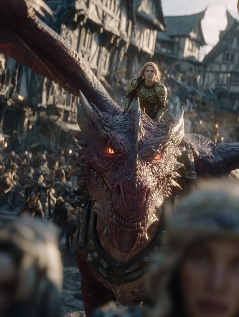 A female warrior in golden armor sits atop a massive, red dragon.  The dragon's fiery eyes glare as they approach a crowd of onlookers and soldiers in a medieval town.  The scene is dynamic, filled with tension and a sense of impending action. The dragon's powerful presence dominates the foreground, while the background shows a bustling, historical setting.