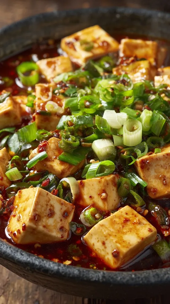 A close-up shot of Mapo Tofu, a popular Sichuan dish.  Cubed tofu is simmered in a rich, spicy, and savory sauce, generously topped with chopped scallions. The dish is served in a dark bowl, highlighting the vibrant colors and textures of the ingredients.  The image emphasizes the appetizing aroma and flavors of this classic Chinese cuisine.