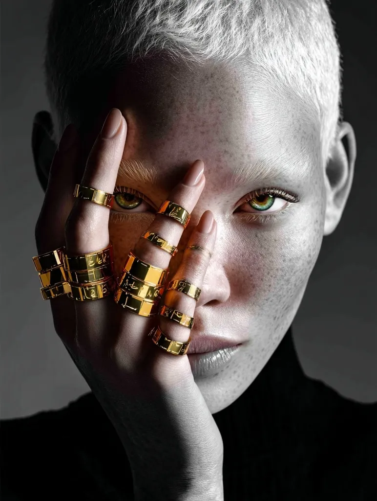 Close-up of a young woman with short, bleached blonde hair. Her face is partially obscured by her hand, adorned with numerous gold rings stacked on several fingers.  The rings feature engraved detailing. Her expression is serious, and her green eyes are striking against her pale skin and the monochrome background. The overall aesthetic is edgy and fashionable.