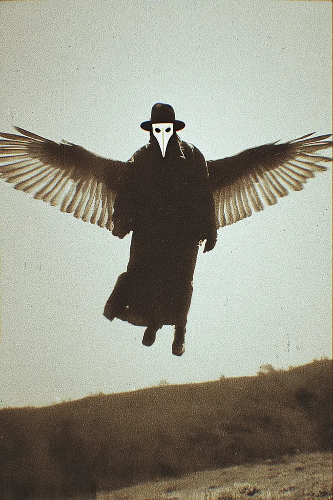 A sepia-toned image depicts a figure in a long coat and hat, wearing a plague doctor mask.  Large, feathered wings sprout from the figure's back, suggesting flight. The figure is silhouetted against a light background, hovering above a muted landscape. The overall mood is dark and mysterious, evoking themes of death, disease, and the supernatural.
