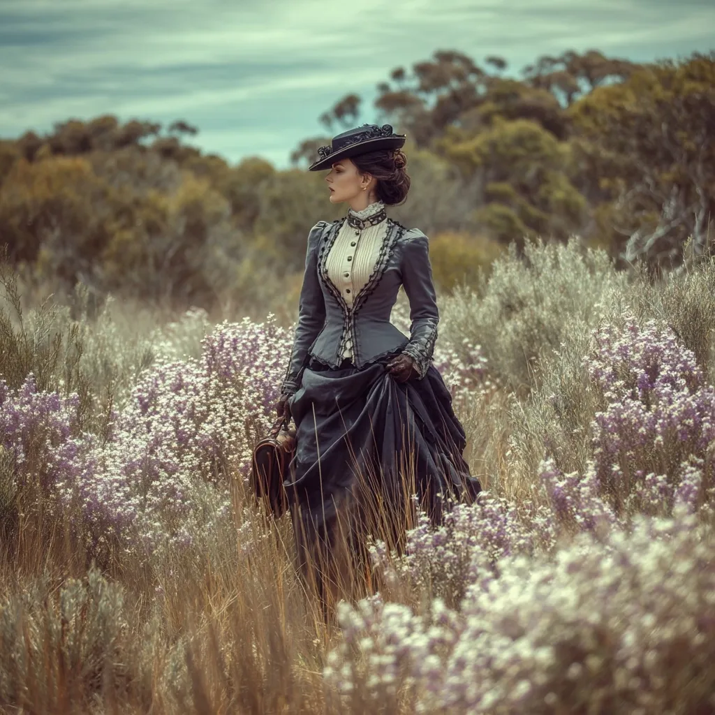 A woman in a late 19th-century gown and hat walks through a field of wildflowers.  Her dark grey and black dress is elegantly styled, and she carries a small satchel.  The scene evokes a sense of quiet solitude and the beauty of a bygone era. The muted colors and soft light create a romantic and nostalgic atmosphere.