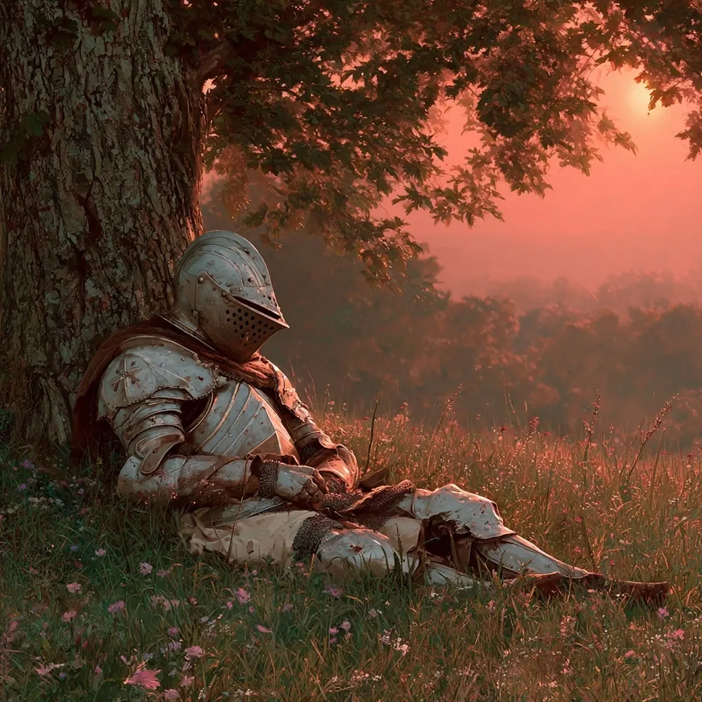 A weary knight in battered armor rests beneath a large tree at sunset.  His helmet is lowered, obscuring his face.  The setting sun casts a warm, reddish glow across the field of wildflowers where he sits.  The scene evokes a sense of peace and solitude after a long and arduous journey.  The knight's armor shows signs of wear and battle, hinting at a hard-fought life.