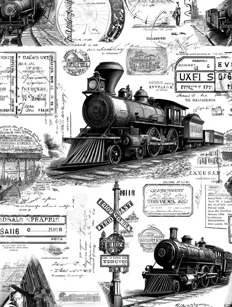 A black and white vintage-style print features two steam locomotives as its central focus.  Surrounding the trains is a collage of postage stamps, handwritten notes, railway crossing signs, maps, and other ephemera, creating a busy, nostalgic design reminiscent of travel and railway history. The overall aesthetic is reminiscent of antique travel documents and ephemera.