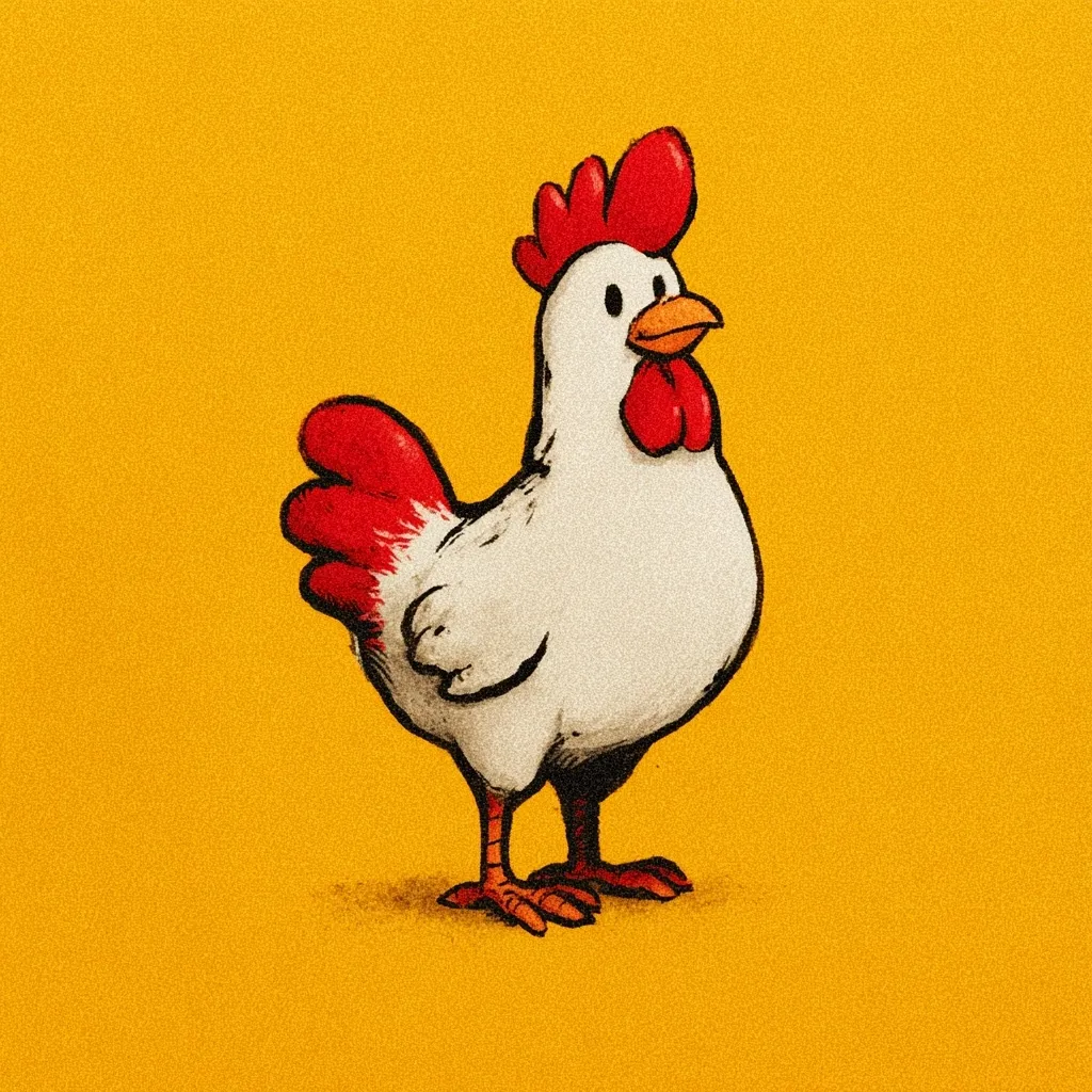 A cartoon illustration of a white chicken with red comb and wattle stands against a solid yellow background.  The chicken is depicted in a slightly stylized, almost hand-drawn manner, with visible texture in its feathers. Its posture is upright and alert, suggesting a friendly and approachable character. The overall style is playful and charming.