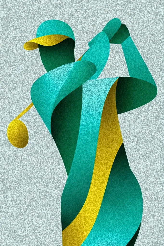A stylized illustration of a golfer in action.  The figure is depicted in teal and gold, with abstract, flowing lines suggesting movement and dynamism.  The golfer is viewed from behind, their swing captured in a powerful pose.  The background is a textured, light gray. The overall style is modern and graphic.